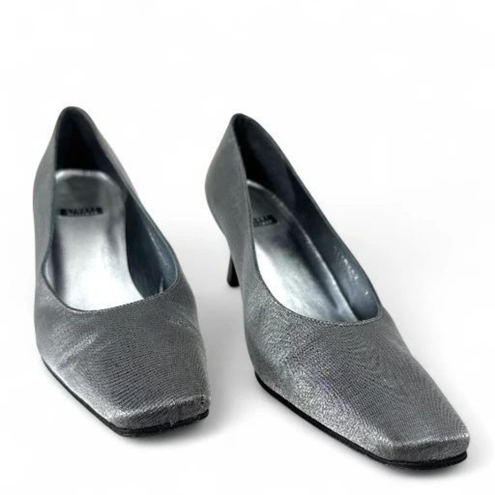Stuart Weitzman Brace Silver Matte Lame Square Toe Heels Size 7.5 M